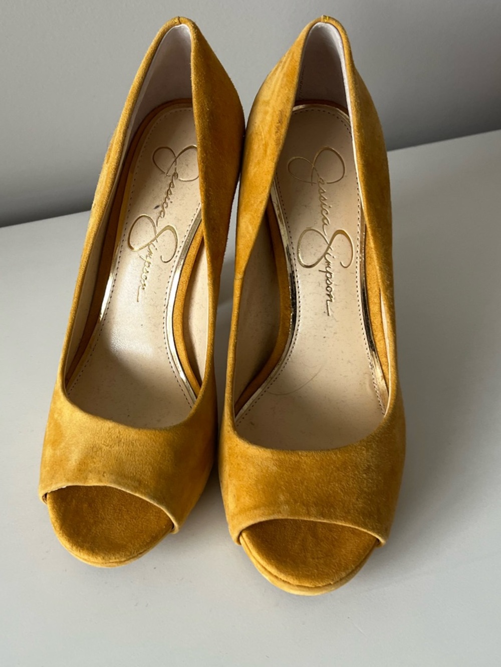 Jessica Simpson Mustard Suede Peep-Toe Block Heels - Picture 3 of 5